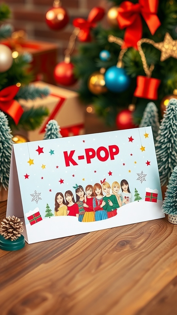 A colorful K-Pop themed Christmas card with festive decorations and images of K-Pop idols.